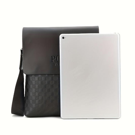 Checkered Embossed Messenger Bag Business PU Leather Crossbody Bag