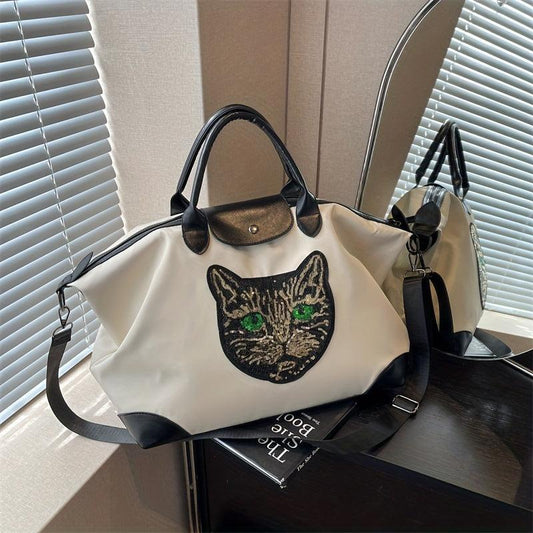 Sequins Cat Pattern Duffle Bag Lightweight Large Capacity Luggage