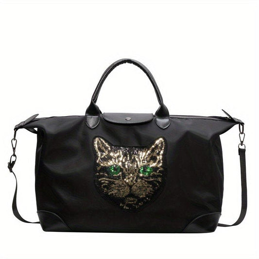 Sequins Cat Pattern Duffle Bag Lightweight Large Capacity Luggage