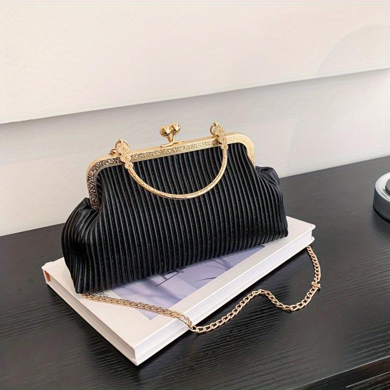 Ruched Handbag Top Ring Chain Clutch Purse For Evening Dinner