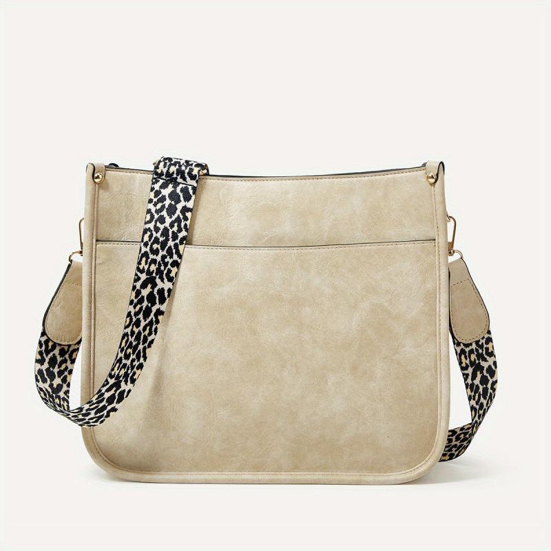 Leopard Print Straps Crossbody Bag Solid Saddle Bag Shoulder Zipper Bag