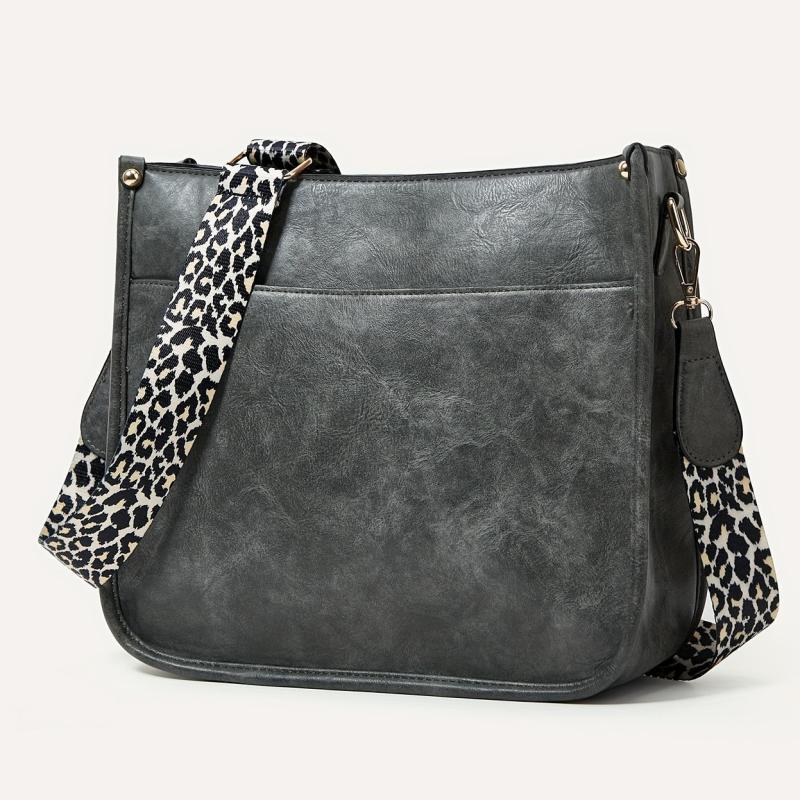 Leopard Print Straps Crossbody Bag Solid Saddle Bag Shoulder Zipper Bag