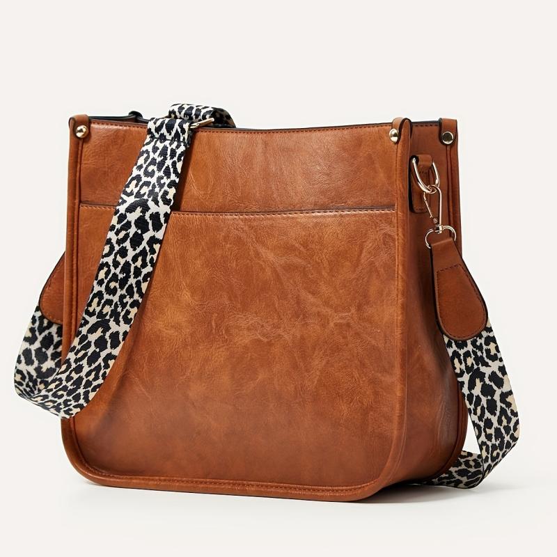 Leopard Print Straps Crossbody Bag Solid Saddle Bag Shoulder Zipper Bag