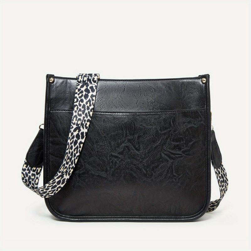 Leopard Print Straps Crossbody Bag Solid Saddle Bag Shoulder Zipper Bag