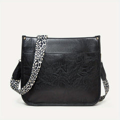 Leopard Print Straps Crossbody Bag Solid Saddle Bag Shoulder Zipper Bag