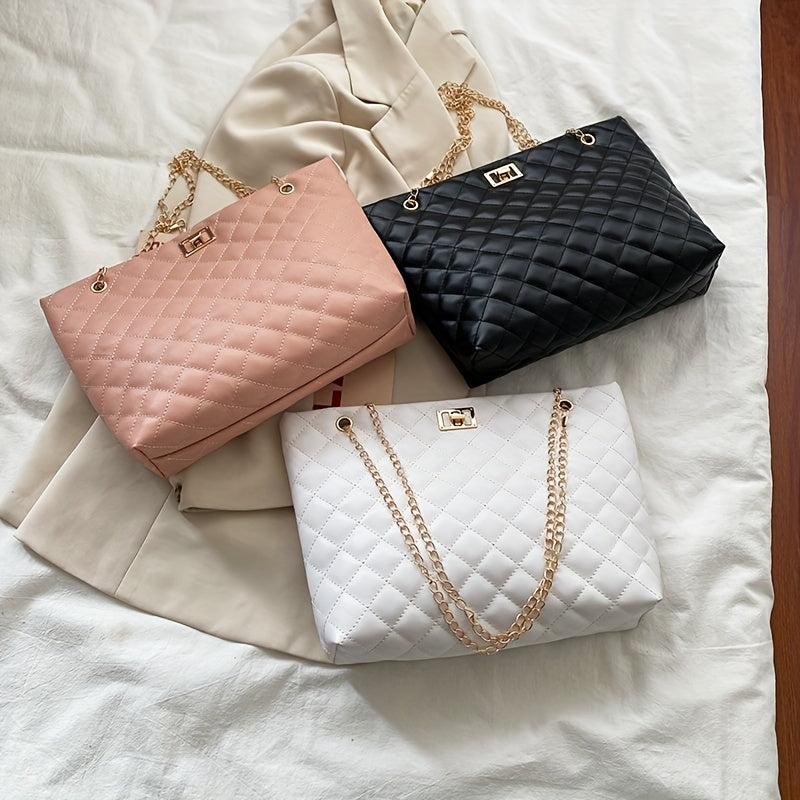 Quilted Chain Tote Bag PU Leather Handbag Women's Large Capacity Shoulder Bag