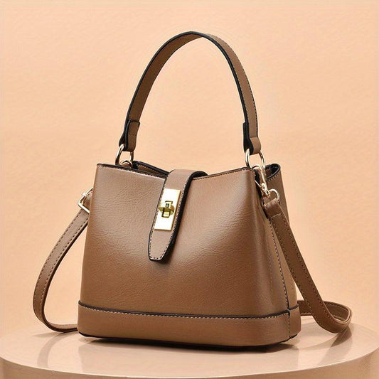 Colocblock Handbag Turn Lock Bucket Bag Women's PU Leather Crossbody Purse
