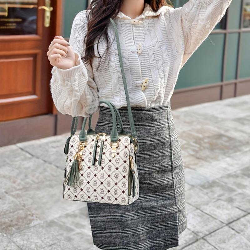 Geometric Print Crossbody Bag Tassel Top Handle Satchel Purse