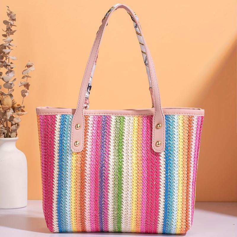 Striped Straw Tote Bag Woven Handbag All Match Niche Bag