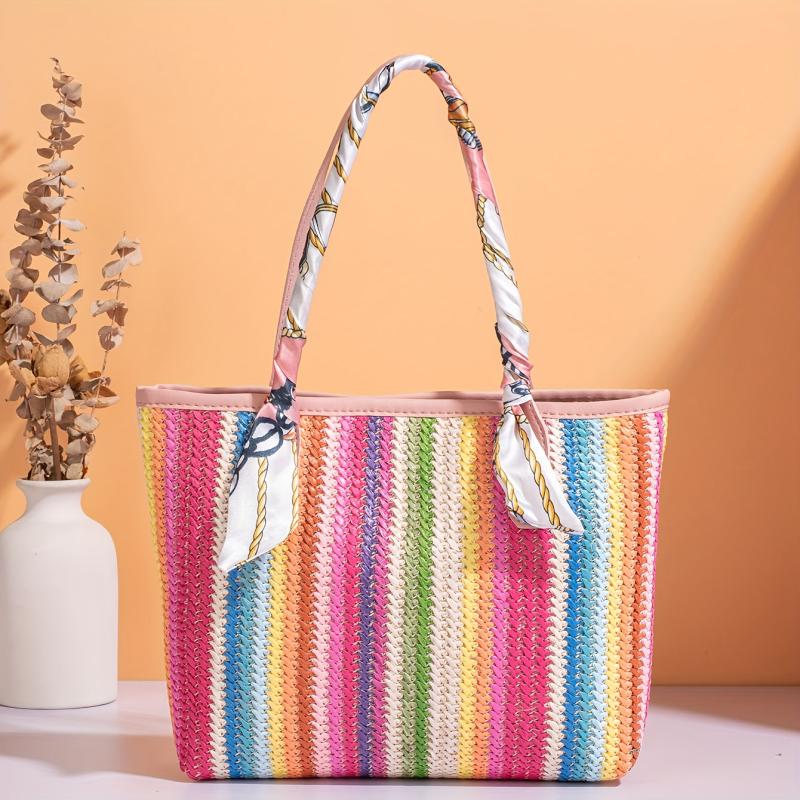 Striped Straw Tote Bag Woven Handbag All Match Niche Bag