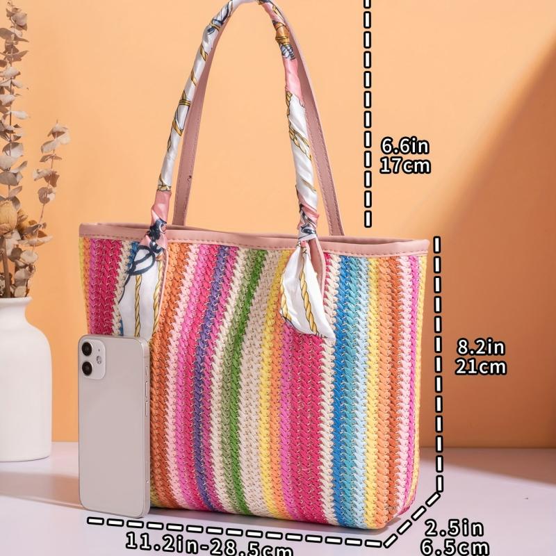 Striped Straw Tote Bag Woven Handbag All Match Niche Bag