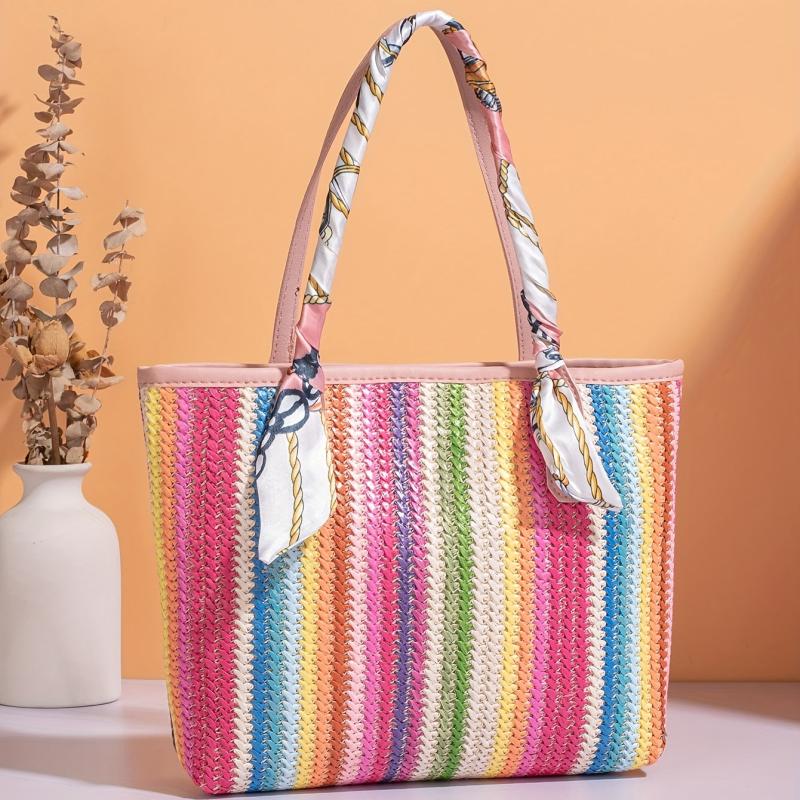 Striped Straw Tote Bag Woven Handbag All Match Niche Bag