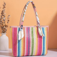 Striped Straw Tote Bag Woven Handbag All Match Niche Bag