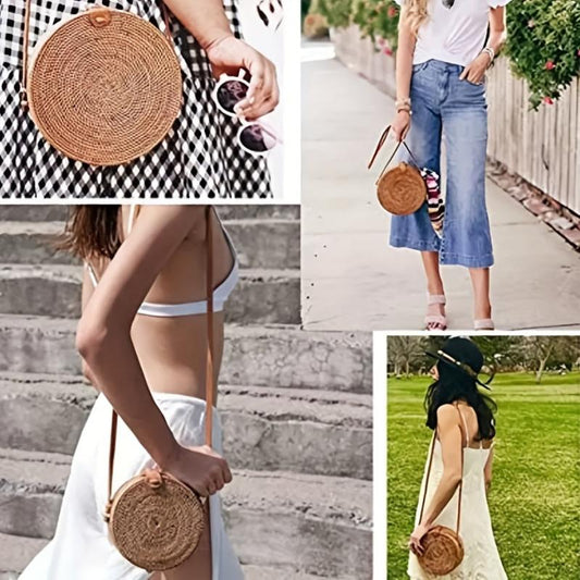 Small Round Straw Bag Casual Crossbody Bag Straw Shoulder Bag