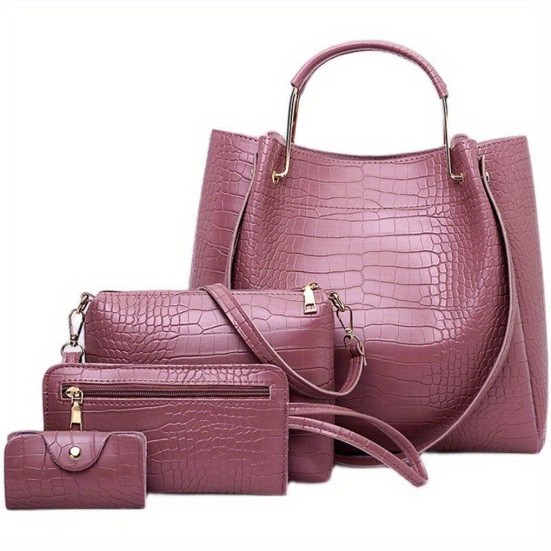 Crocodile Embossed Bag Set Classic Tote with Purses
