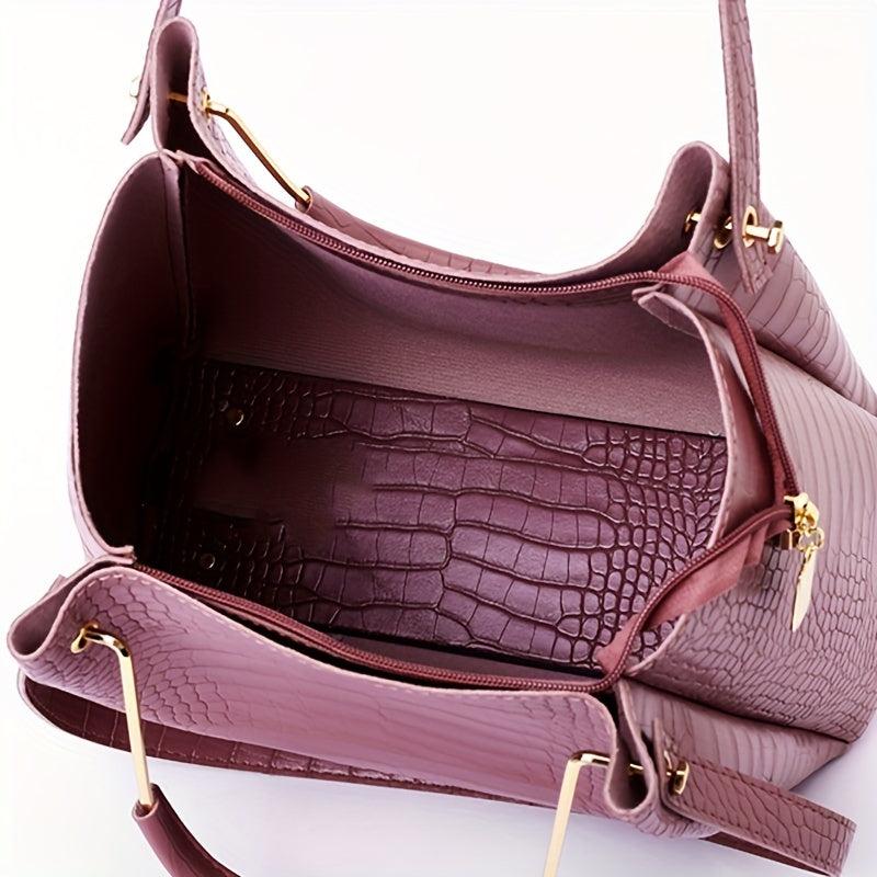 Crocodile Embossed Bag Set Classic Tote with Purses