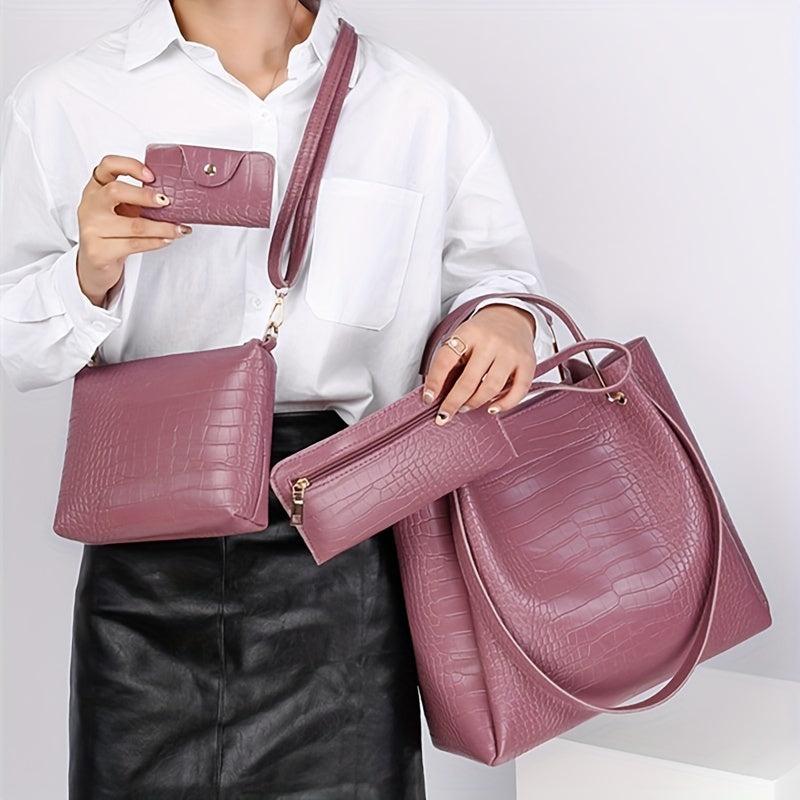 Crocodile Embossed Bag Set Classic Tote with Purses