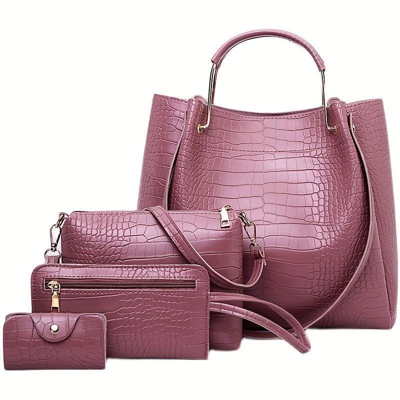 Crocodile Embossed Bag Set Classic Tote with Purses