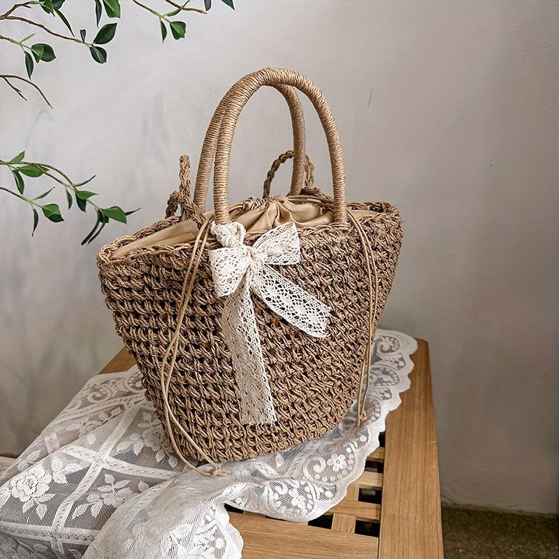 Khaki Straw Woven Drawstring Tote Bag with Scarf