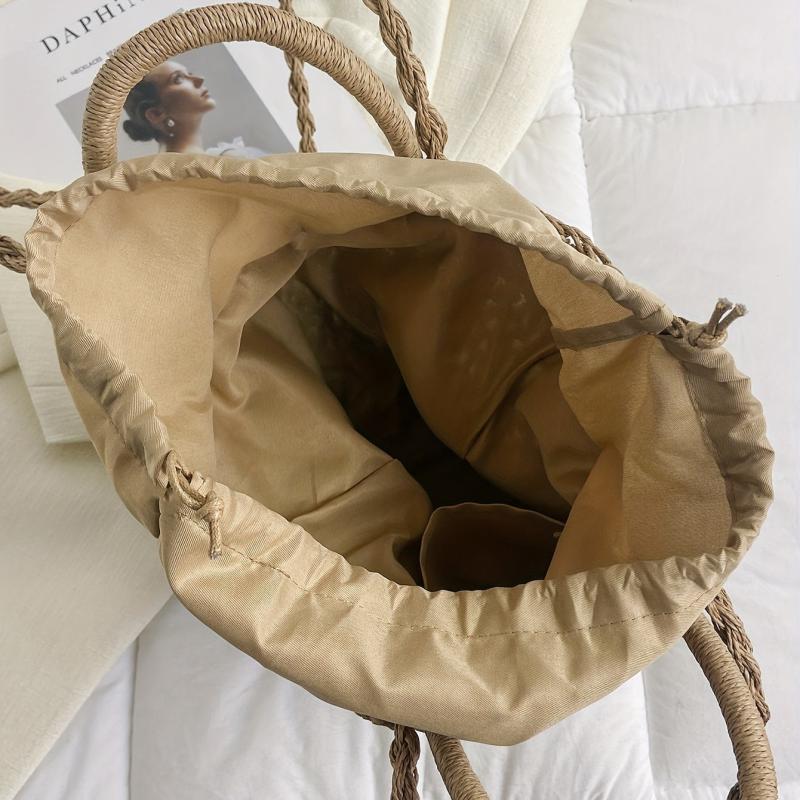 Khaki Straw Woven Drawstring Tote Bag with Scarf