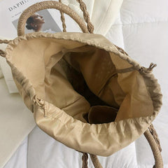 Khaki Straw Woven Drawstring Tote Bag with Scarf