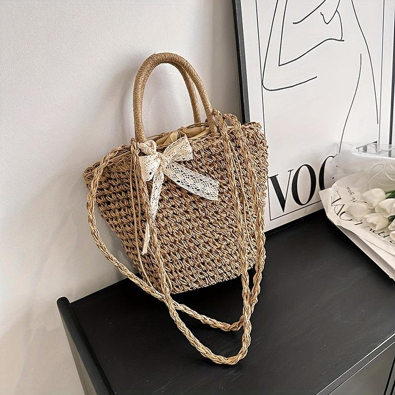 Khaki Straw Woven Drawstring Tote Bag with Scarf