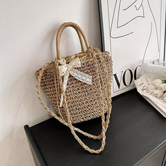Khaki Straw Woven Drawstring Tote Bag with Scarf