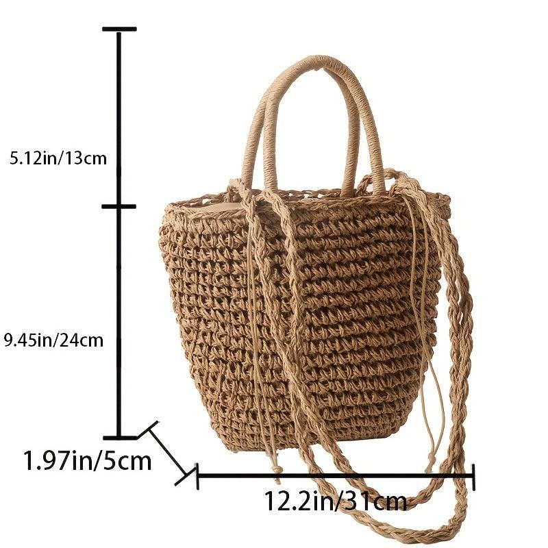 Khaki Straw Woven Drawstring Tote Bag with Scarf