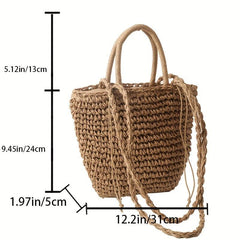 Khaki Straw Woven Drawstring Tote Bag with Scarf