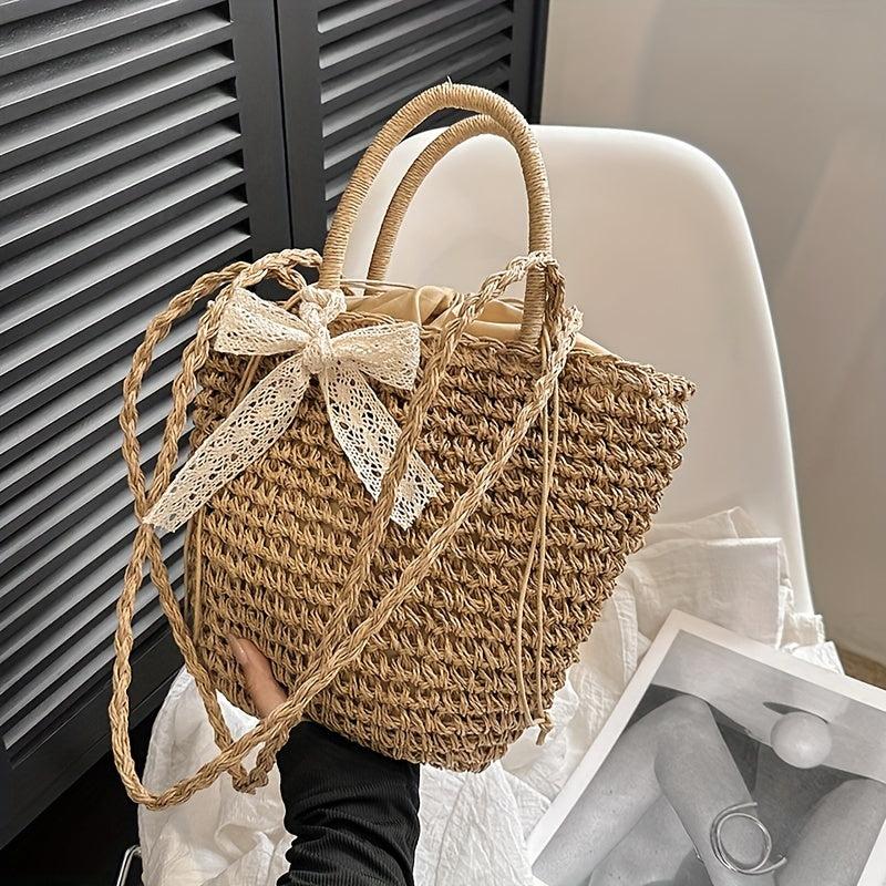 Khaki Straw Woven Drawstring Tote Bag with Scarf