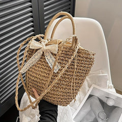 Khaki Straw Woven Drawstring Tote Bag with Scarf