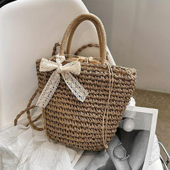 Khaki Straw Woven Drawstring Tote Bag with Scarf