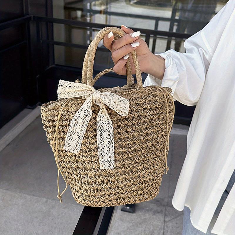 Khaki Straw Woven Drawstring Tote Bag with Scarf