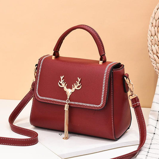 Tassel Decor Shoulder Bag Faux Leather Top Handle Purse 9.7 Inch