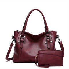 2pcs Large Capacity Tote Bag Set PU Leather Textured Shoulder Bag