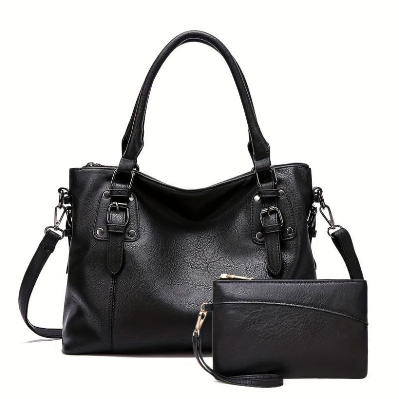 2pcs Large Capacity Tote Bag Set PU Leather Textured Shoulder Bag