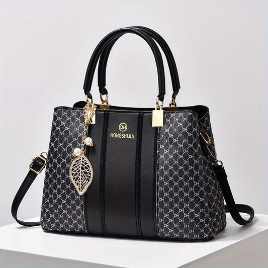 Leaf Pearl Pendant Shoulder Bag Allover Print PU Leather Crossbody Bag