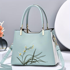 Flower Embroidered Tote Bag Stylish Satchel Shoulder Bag