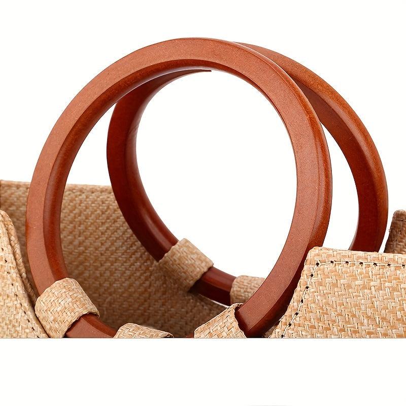 Boho Style Straw Woven Beach Bag Wooden Handle Tote Bag