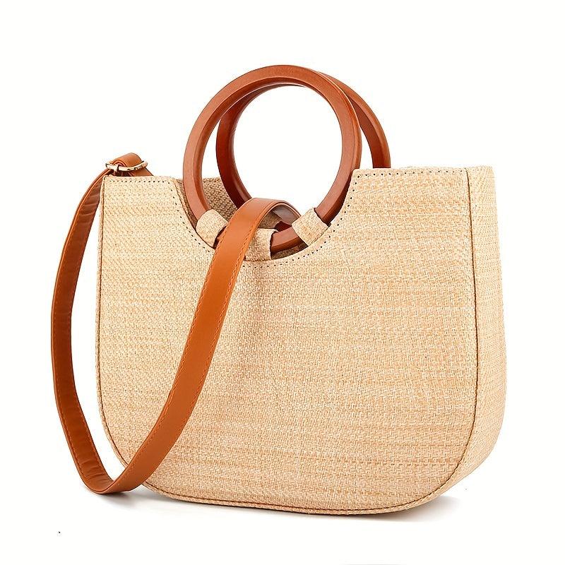 Boho Style Straw Woven Beach Bag Wooden Handle Tote Bag
