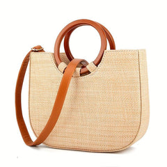 Boho Style Straw Woven Beach Bag Wooden Handle Tote Bag