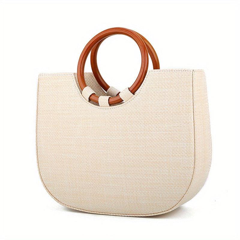 Boho Style Straw Woven Beach Bag Wooden Handle Tote Bag