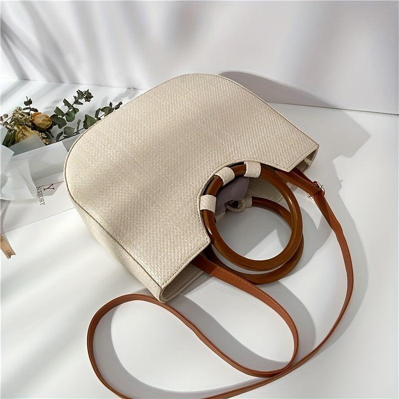 Boho Style Straw Woven Beach Bag Wooden Handle Tote Bag