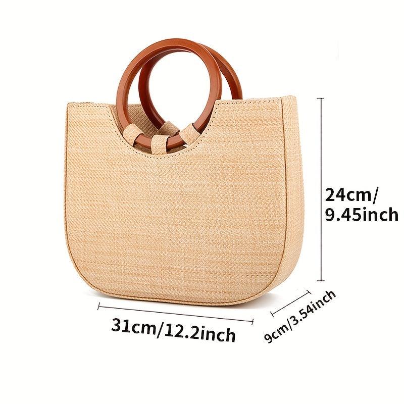 Boho Style Straw Woven Beach Bag Wooden Handle Tote Bag