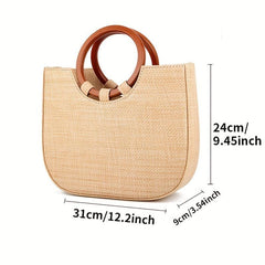 Boho Style Straw Woven Beach Bag Wooden Handle Tote Bag
