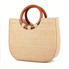 Boho Style Straw Woven Beach Bag Wooden Handle Tote Bag