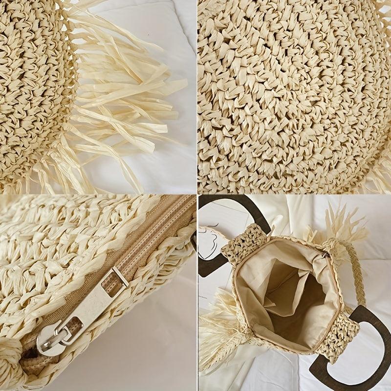 Straw Fring Shoulder Bag Double Wood Handle Vacation Style Crossbody Bag