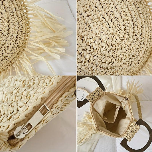 Straw Fring Shoulder Bag Double Wood Handle Vacation Style Crossbody Bag