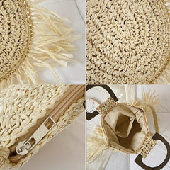 Straw Fring Shoulder Bag Double Wood Handle Vacation Style Crossbody Bag