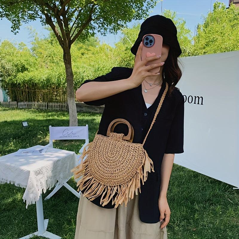 Straw Fring Shoulder Bag Double Wood Handle Vacation Style Crossbody Bag